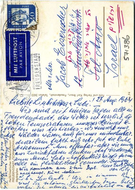 Postcard to Mr. and Mrs. Yaakov Eisenscher from Zora